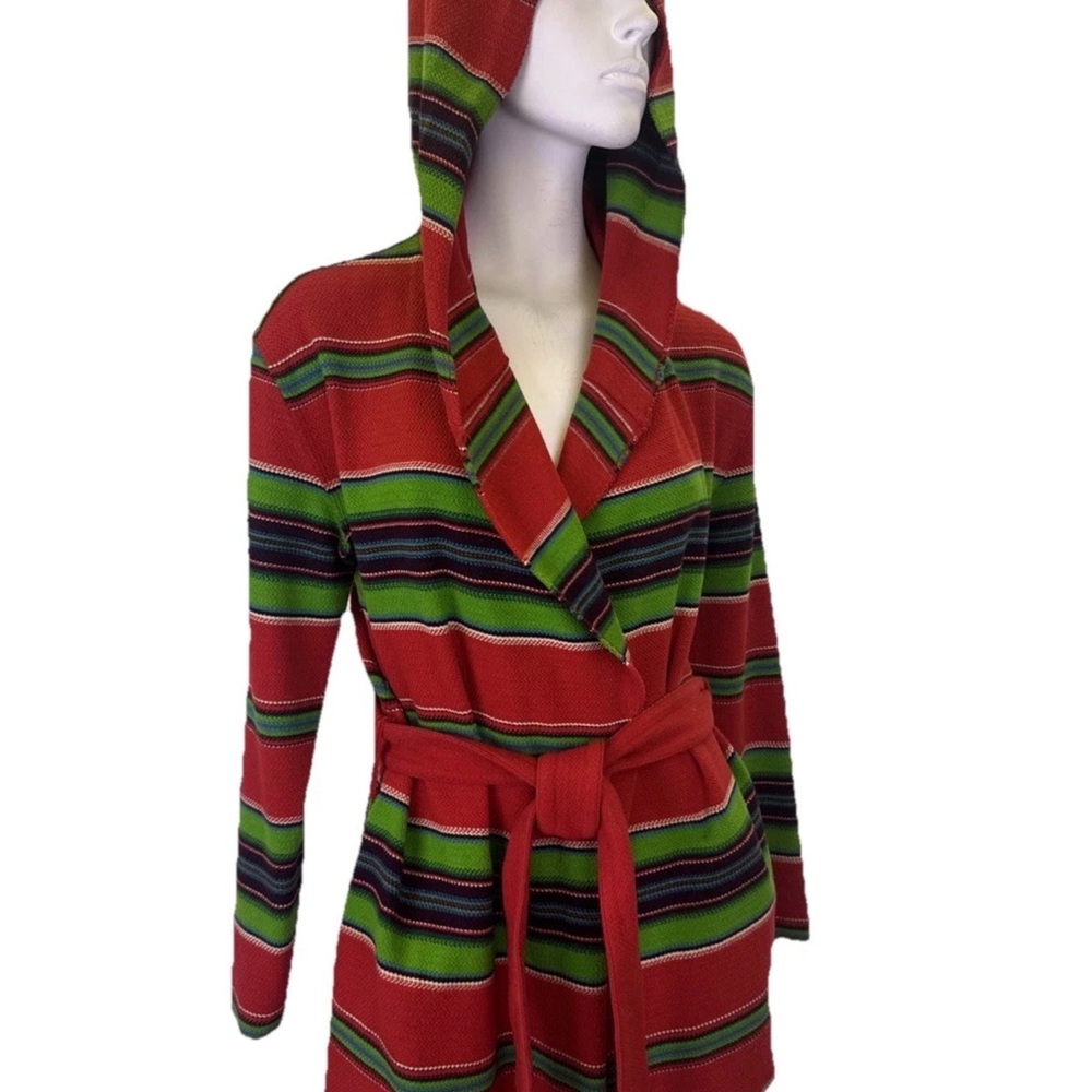 Striped Hooded Belted Cardigan Jacket - Red & Green